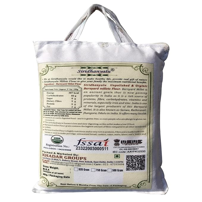siridhanya barnyard Millet Flour (Unpolished & Organic) | Gluten Free Gwt 920gm