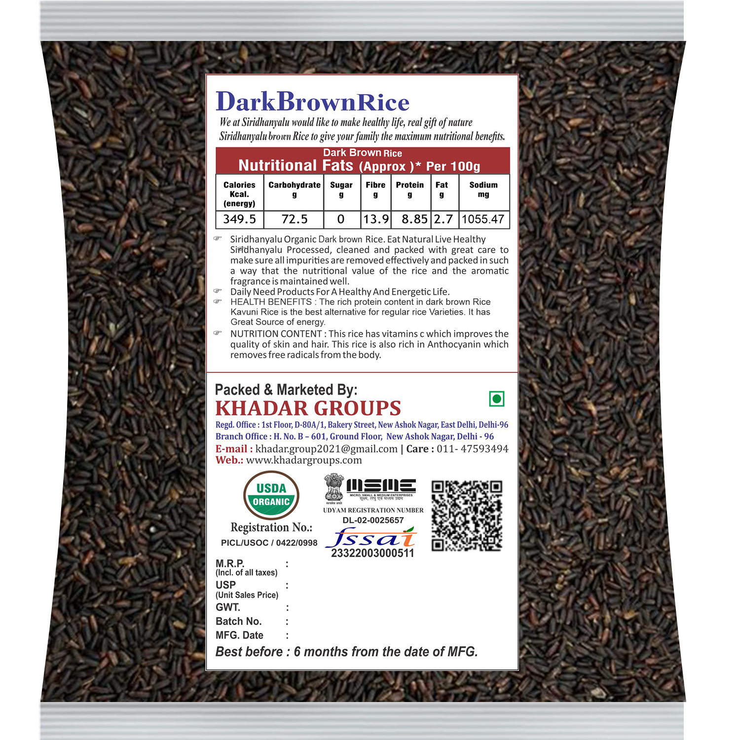 Dark Brown Rice, Low Glycemic Index Forbidden Dark Brown Rice, Offering Dark Rice Enthusiasts (Gwt 1Kg).