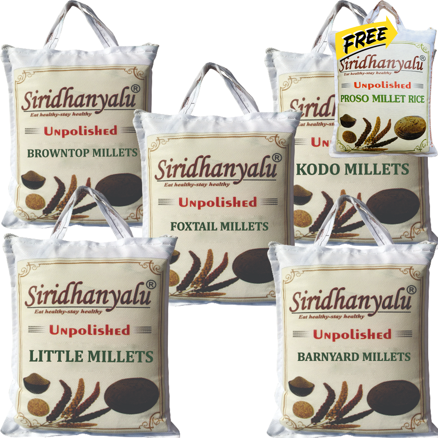 Siridhanyalu Millets: Kodo, Browntop, Barnyard, Little, Foxtail, Organic, 900gm Each (Buy 5, get 250gm Proso Millet Completely Free)