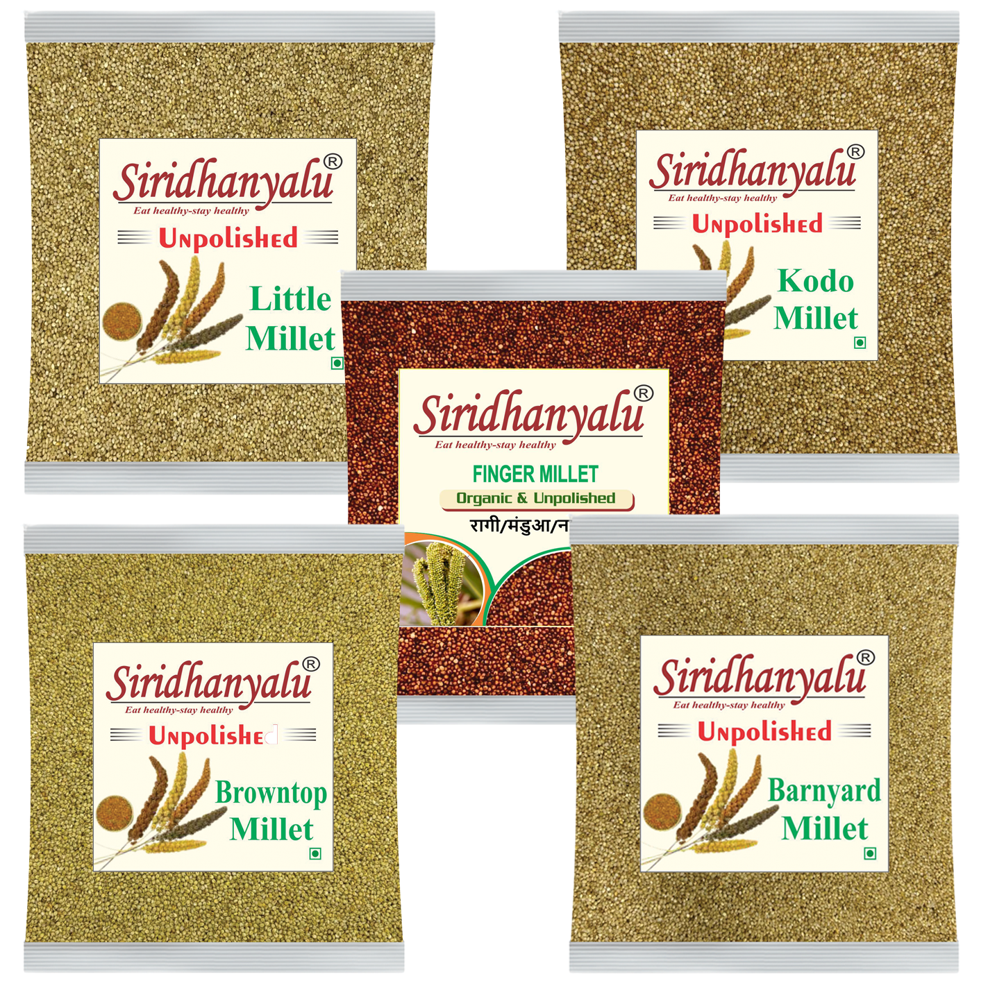 Siridhanyalu Millets Kodo,Browntop,Barnyard,Finger Millet and Little Siridhanya Millet Siridhanya Millet Unpolished and Organic 900gm Each,5 Positive