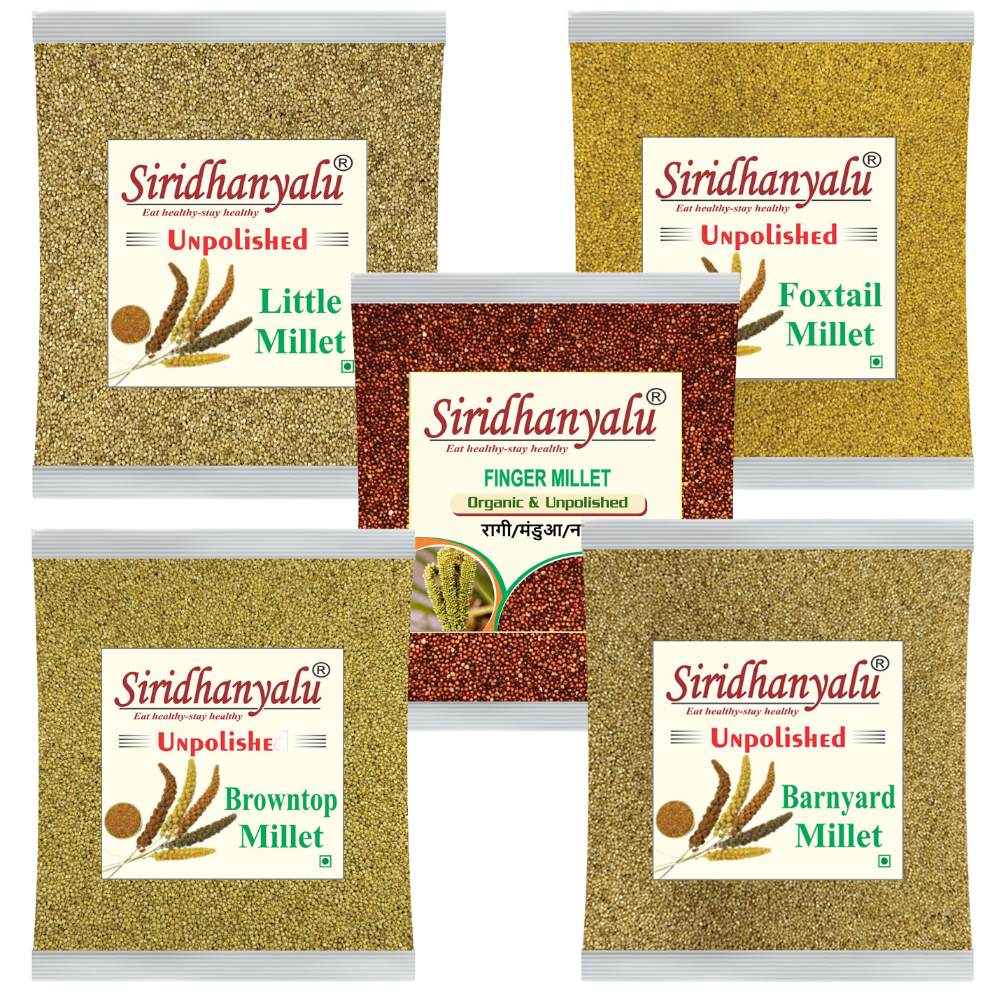 Siridhanyalu Millets Foxtail, Browntop, Barnyard, Finger Millet and Little Siridhanya Millet Unpolished and Organic 900gm Each,5 Positive Millets