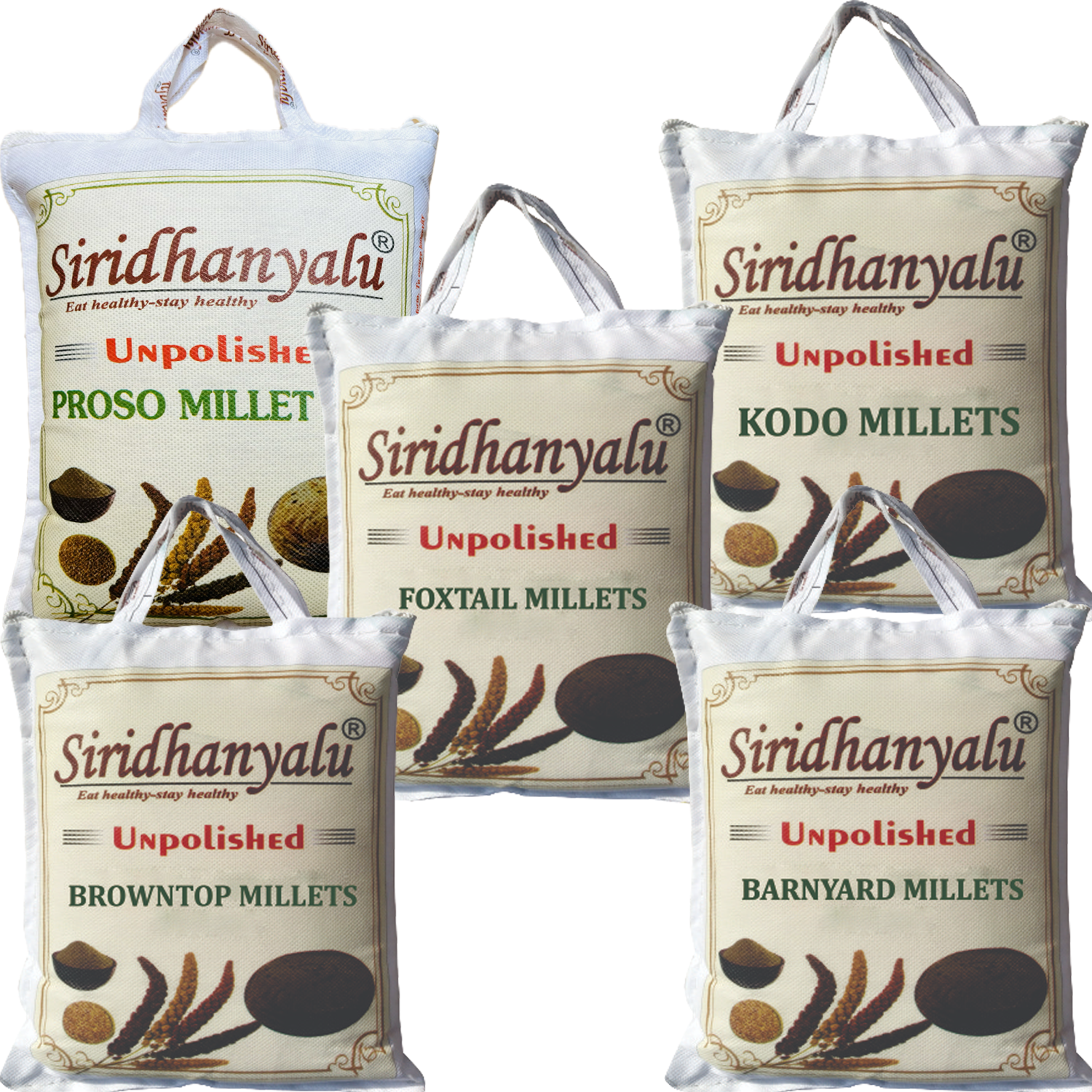 Siridhanyalu Millets Kodo,Foxtail,Browntop, Barnyard and Proso Siridhanya Millet Siridhanya Millet Unpolished and Organic 900gm Each