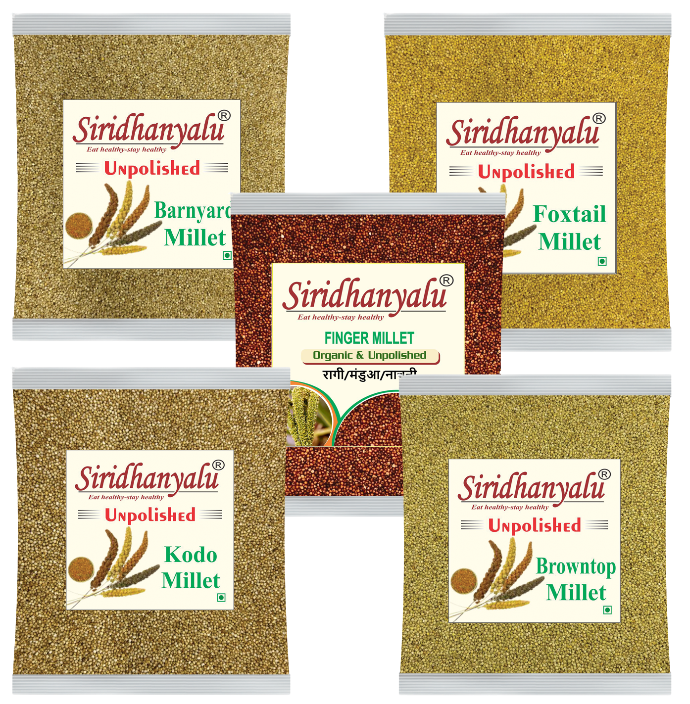 siridhanyalu Millets,Kodo,Browntop,Barnyard,Finger Millet and Foxtail Siridhanya Millet Unpolished and Organic 900gm Each,5 Positive Millets